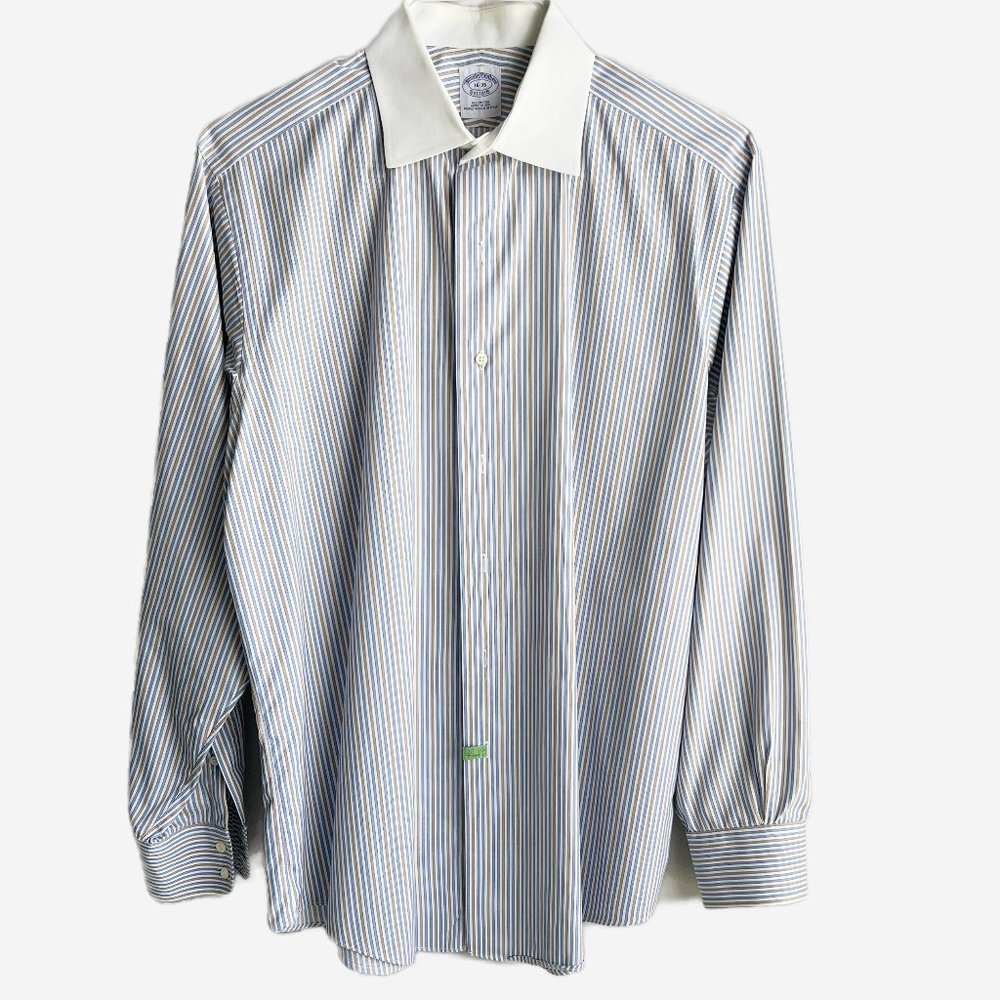 Brooks Brothers Men's Dress Shirt, Pinstripe blue and brown, Size 16-35